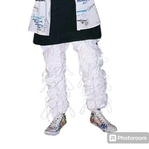 URKOOL‎ White Drawstring Pants Ruched Detail Streetwear Mens Size 34 bungee cord